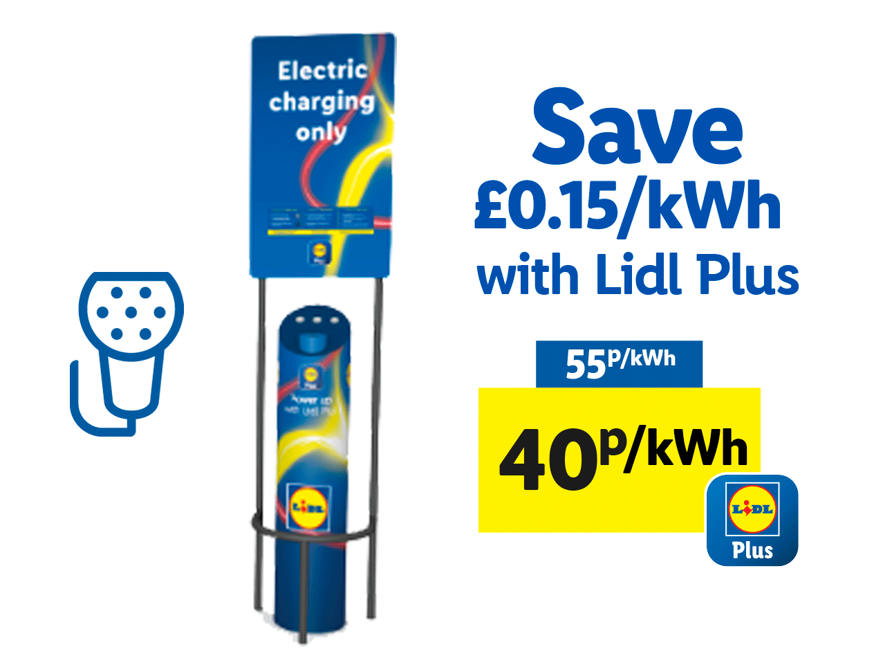 Lidl electric vehicle charging, save with Lidl Plus.
