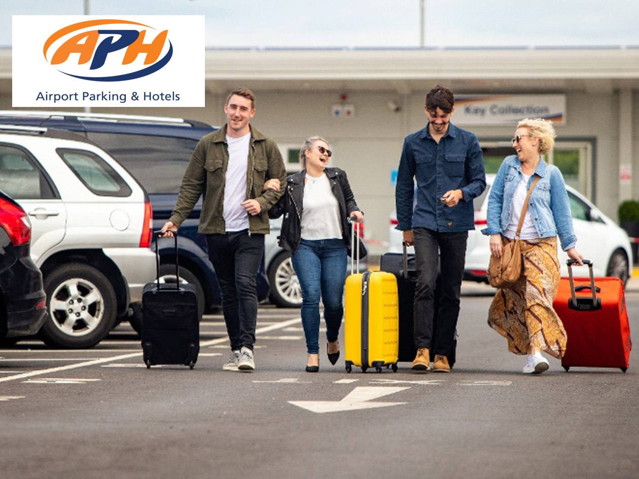 Airport Parking & Hotels: Travelers with suitcases.