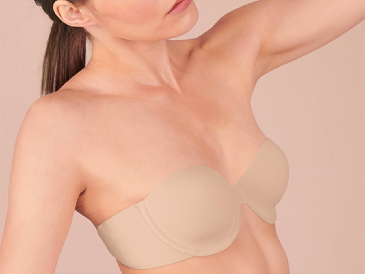 Beige strapless bra.