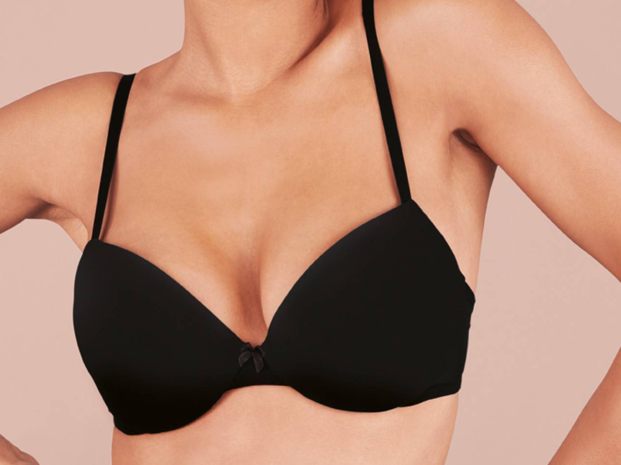 Black bra with thin straps.