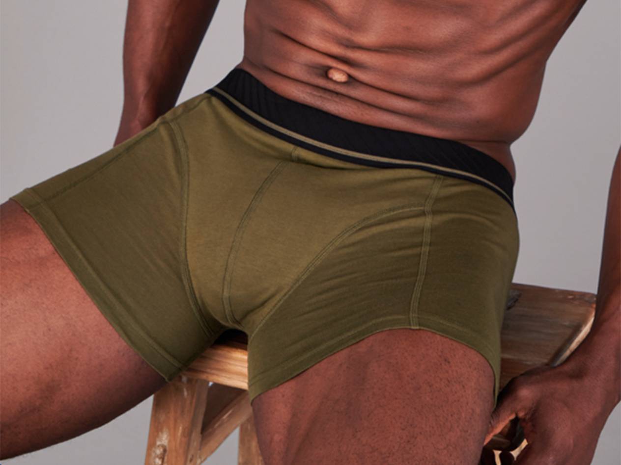 Khaki boxer shorts.