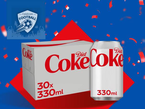 A pack of 30 diet cola cans and a single can, with a football logo and confetti.
