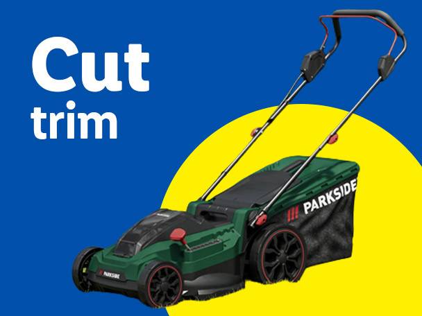 Green lawnmower with a black grass collection bag on a blue and yellow background with text 'Cut trim'.