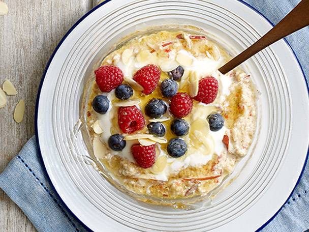 Oatmeal with blueberries, raspberries, and almonds.