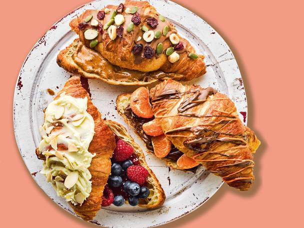 Chocolate, nut, and fruit croissants.