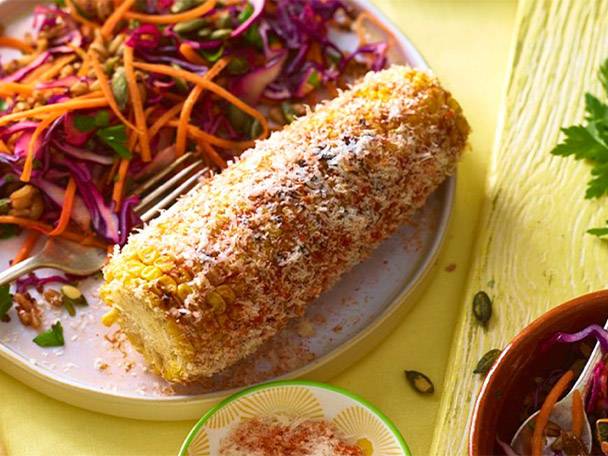 Grilled corn with carrot slaw