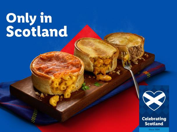 Three savory pies, including macaroni and cheese and meat, on a wooden board with 'Only in Scotland' text.