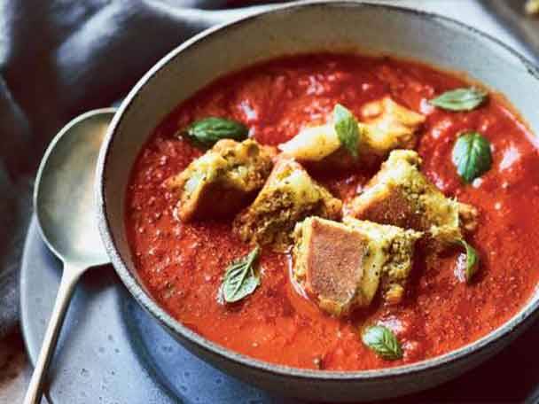 Tomato soup with crispy croutons.