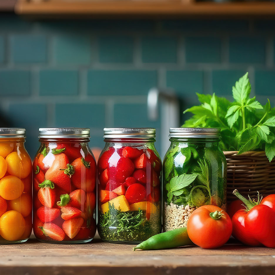 Four jars of preserved fruits and vegetables, with fresh produce on a wooden counter.