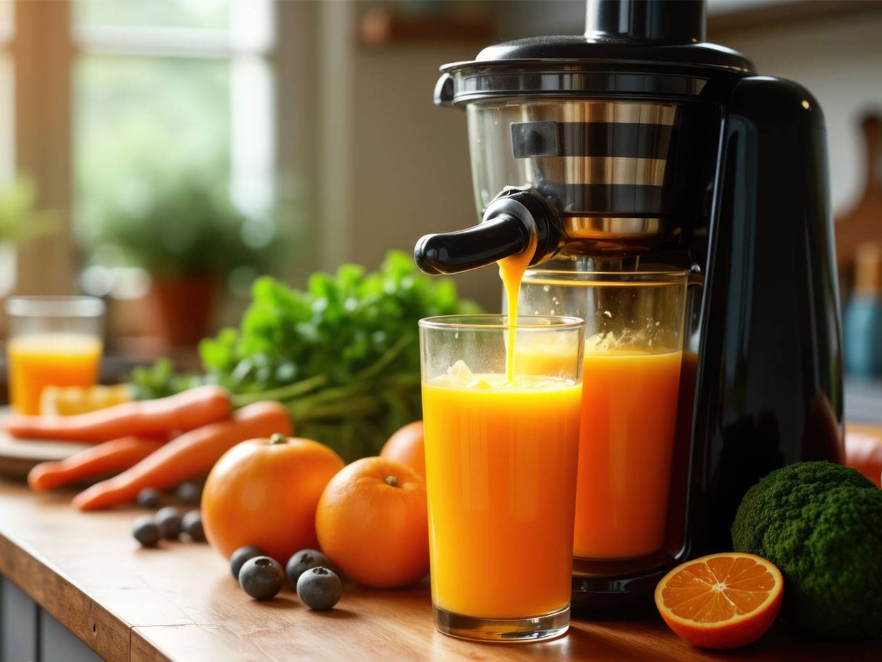 Juicer, orange juice, carrots, berries.