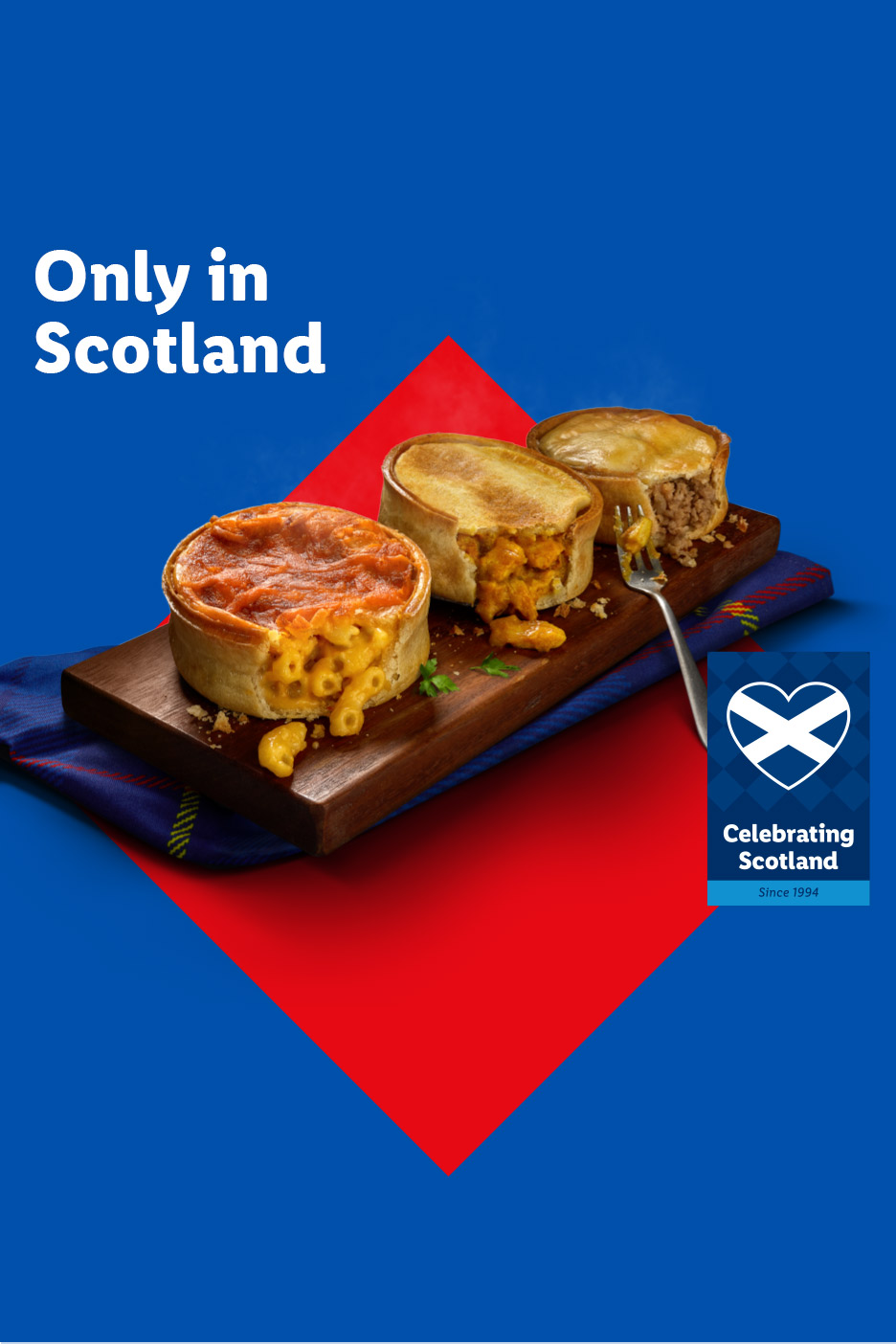 Scottish pies with macaroni cheese, chicken curry, and mince fillings on a wooden board.