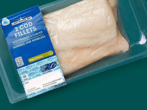 Lighthouse Bay cod fillets: 2 skinless, boneless fillets.