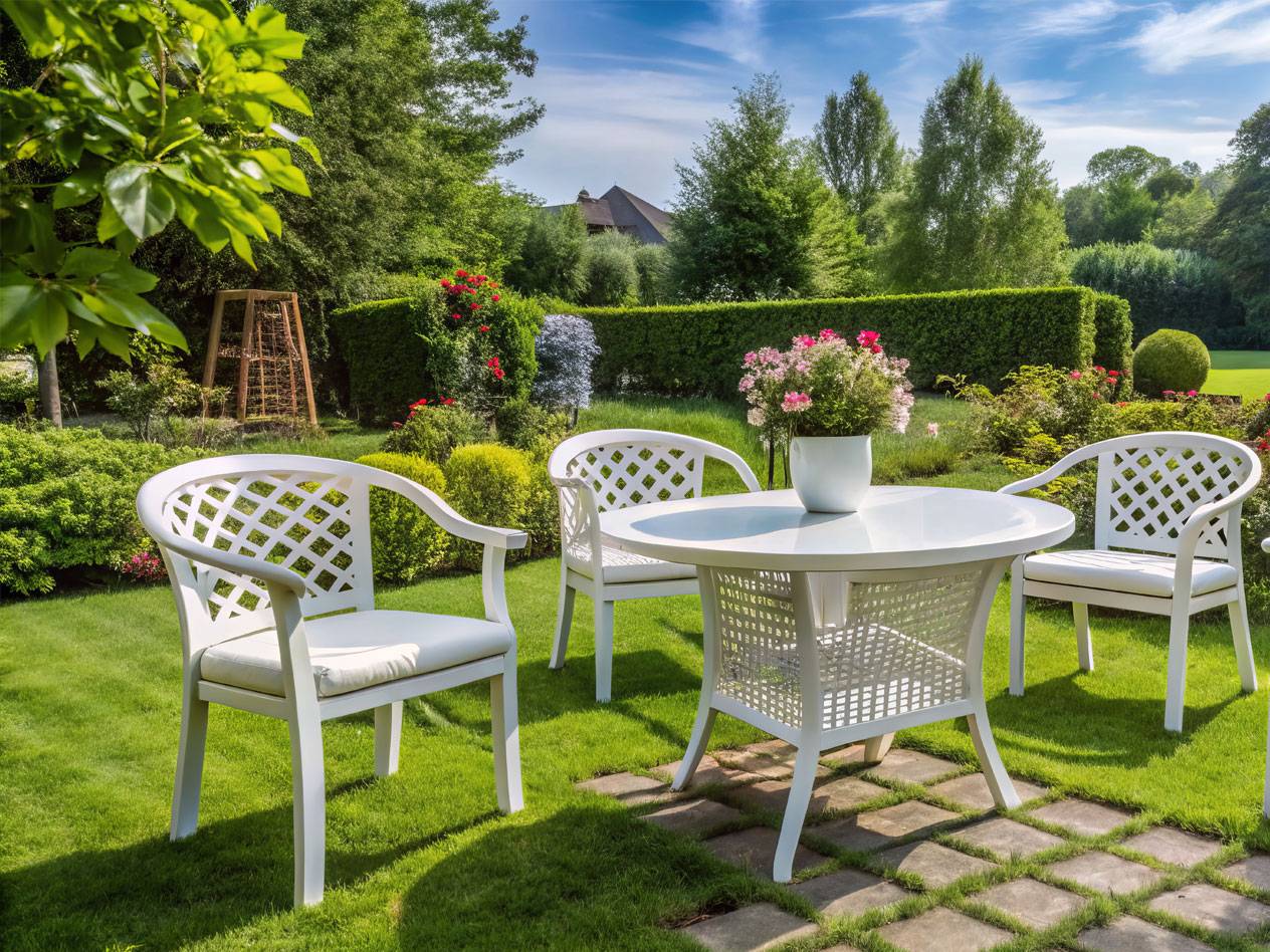White patio furniture set in a green garden.