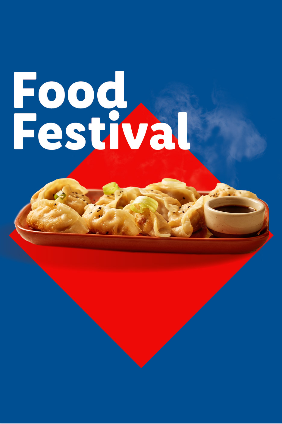 Food Festival poster with steaming dumplings and soy sauce on a red and blue background.