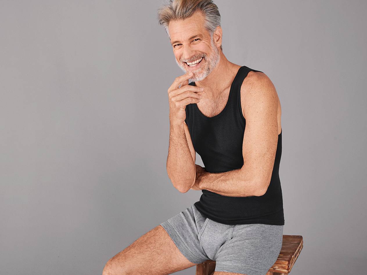 Men's underwear: tank top and boxer shorts.
