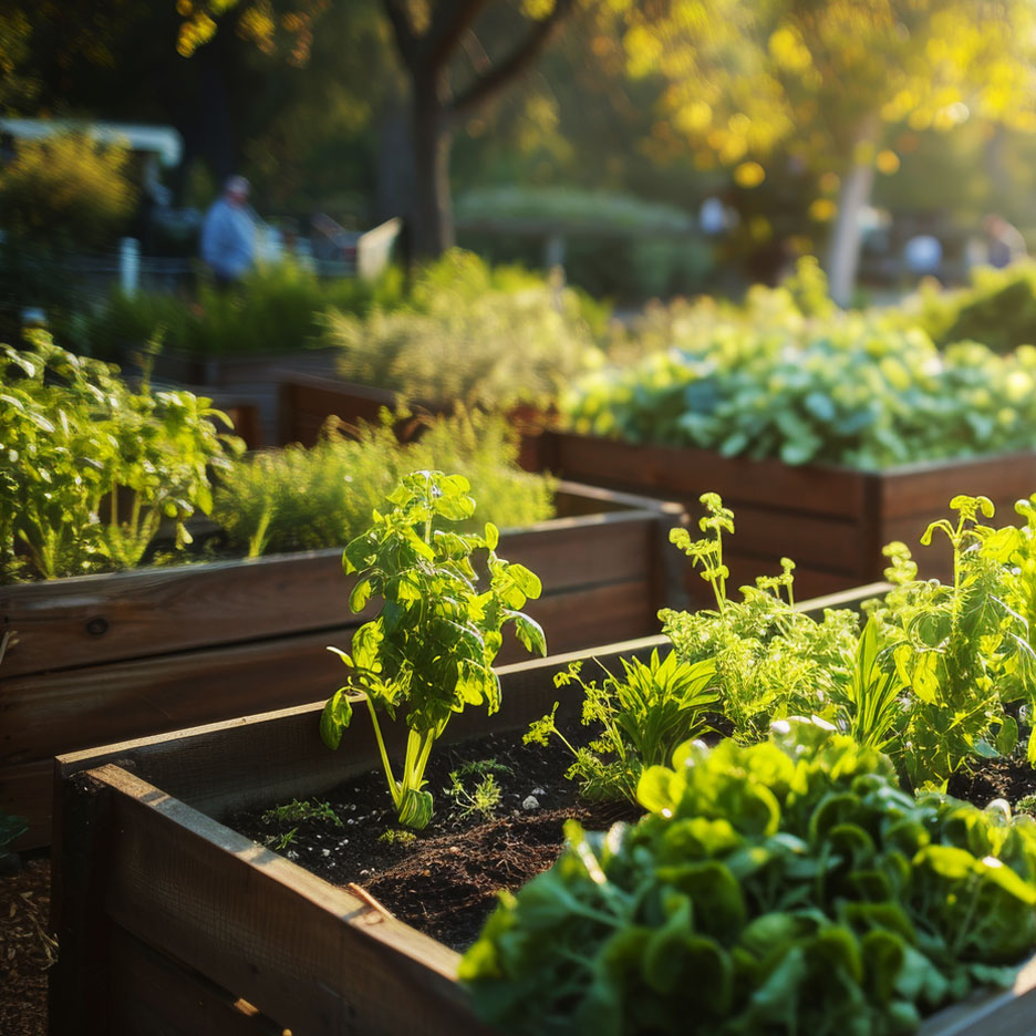 Organic vegetables in wooden planters.