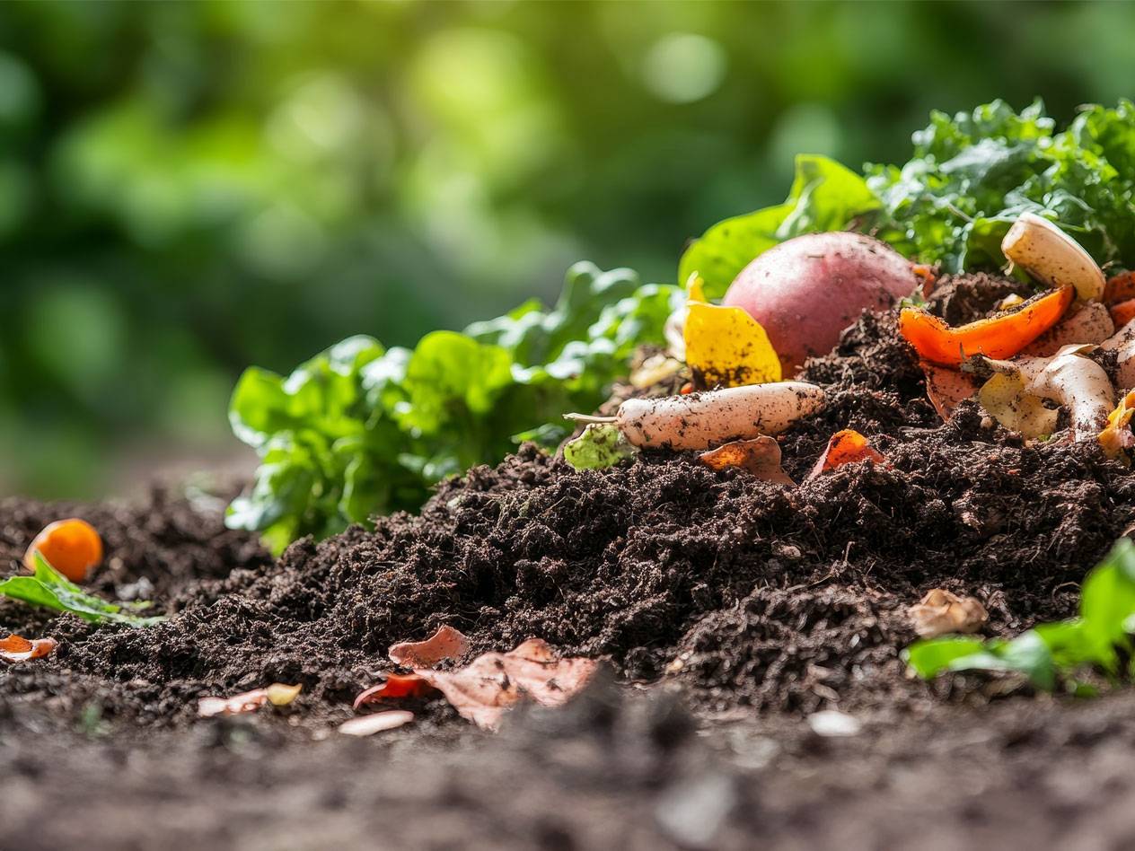 Compost pile with vegetables and fruit.