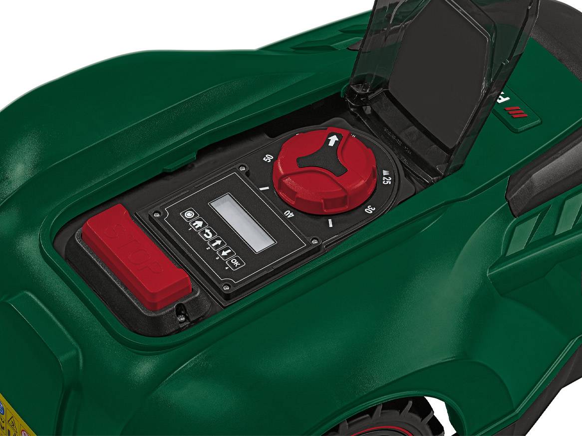 Stiga robotic lawnmower with digital control panel.