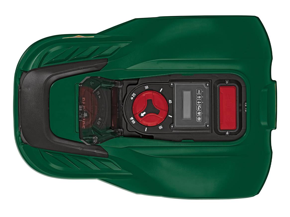 Gardena robotic lawnmower with display and cutting height adjustment.