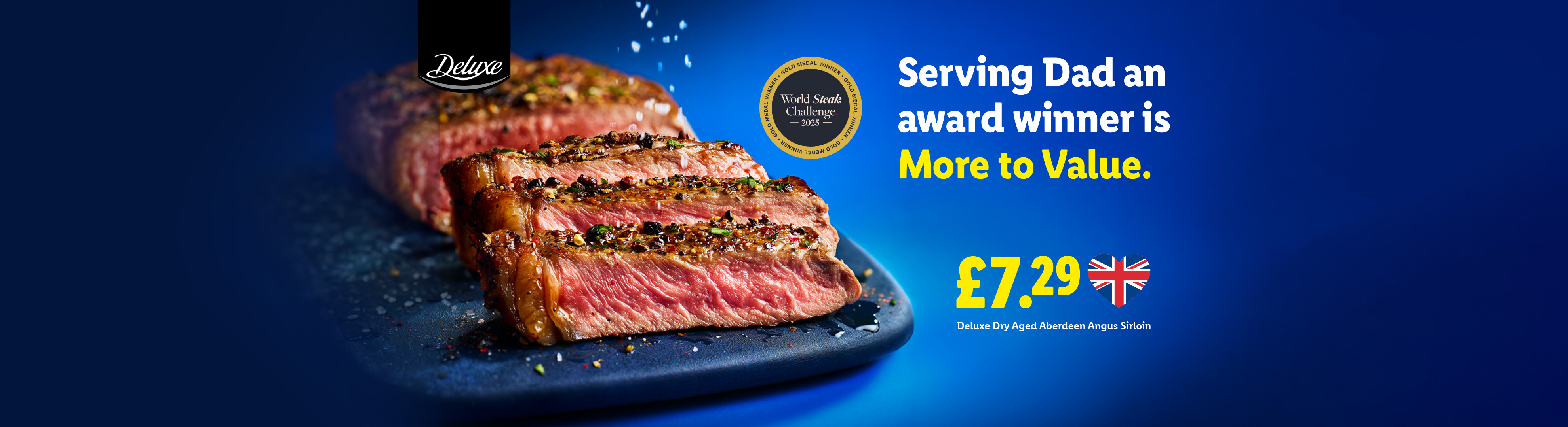Sliced dry-aged Aberdeen Angus sirloin steak with seasoning, price, and 'World Steak Challenge 2025' award.