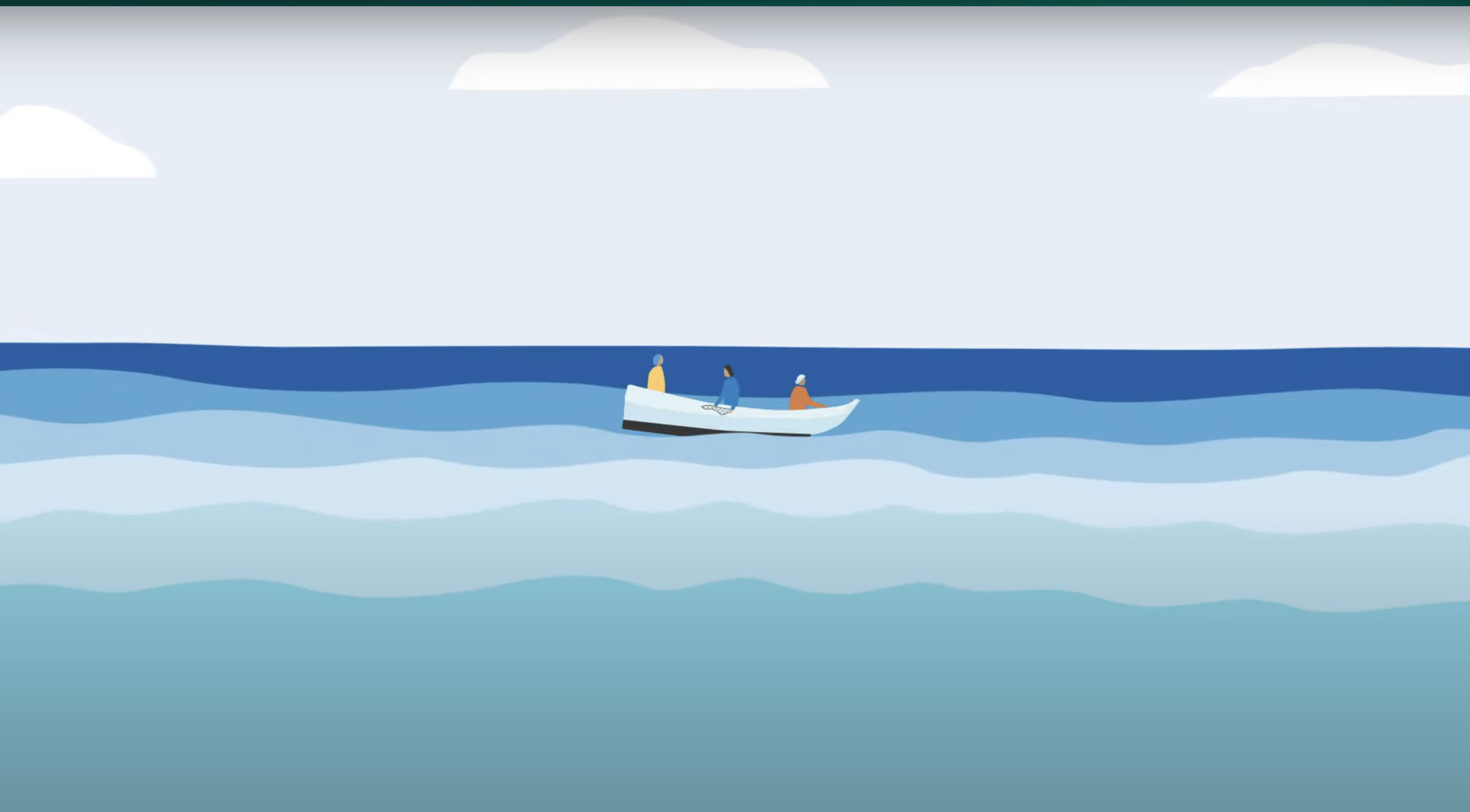 Three people in a boat at sea.