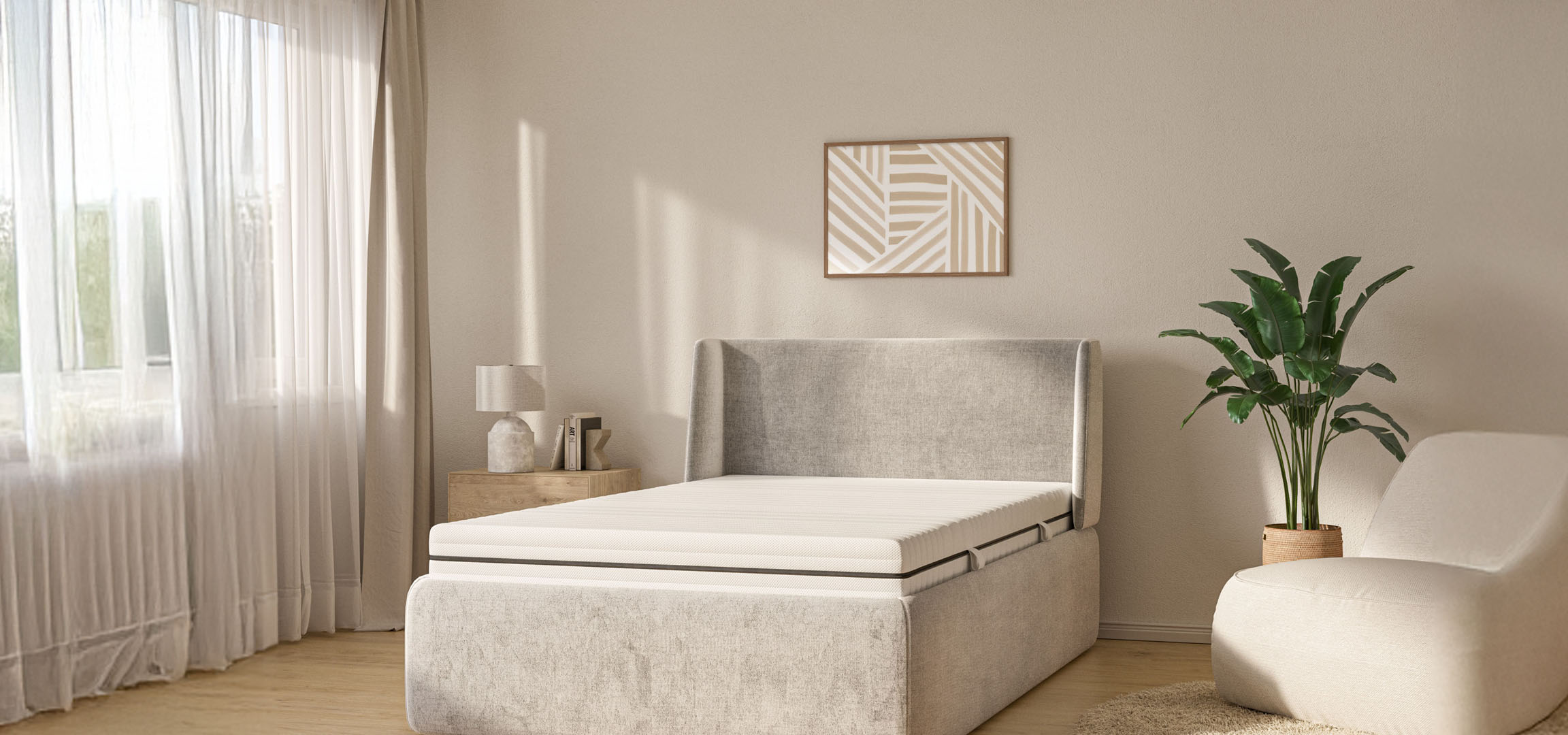 Minimalist bed with storage and armchair.