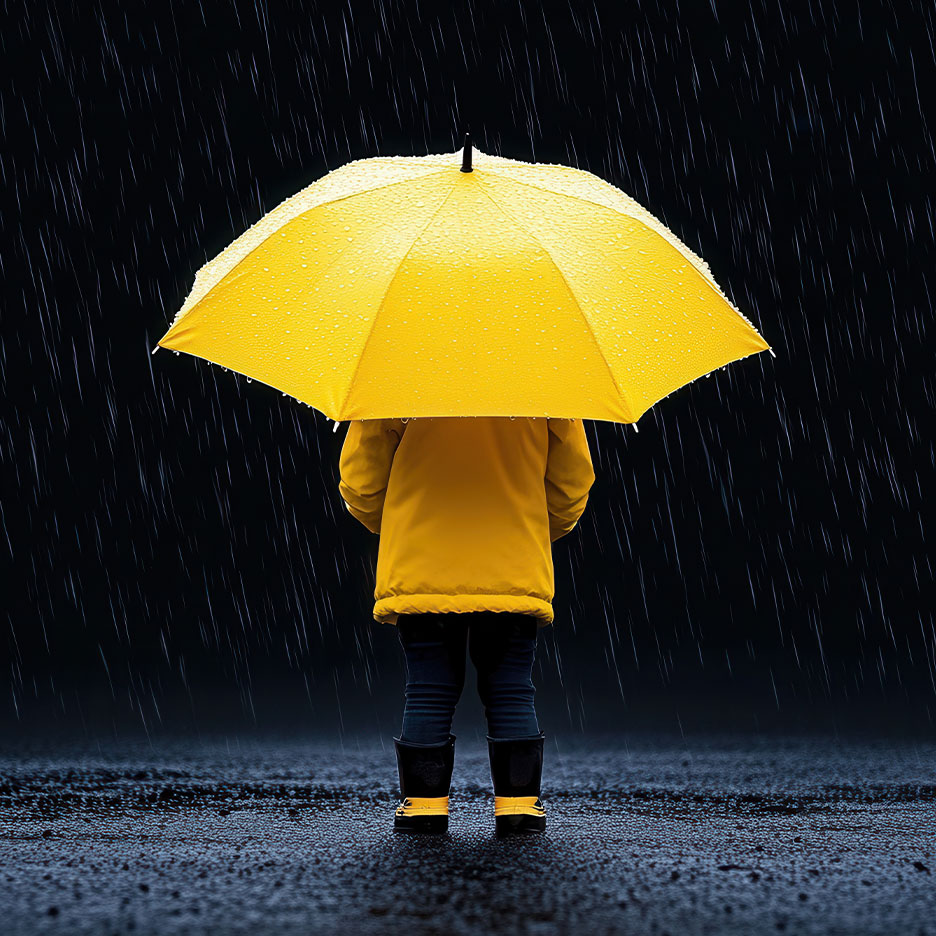 Child in yellow raincoat and boots, holding a yellow umbrella in the rain.