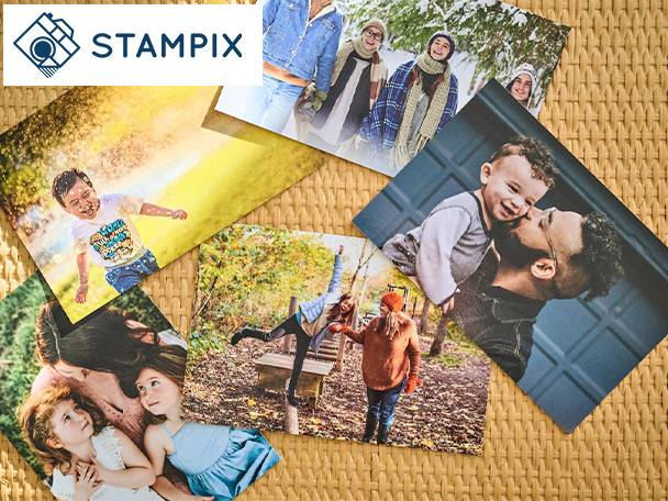 Various Stampix photo prints featuring families and children in different settings.