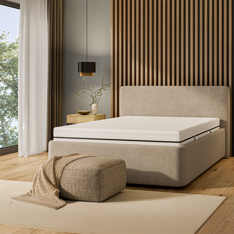 Mattress and low platform bed in minimalist style.