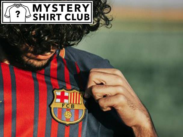 Man in FC Barcelona shirt, Mystery Shirt Club logo