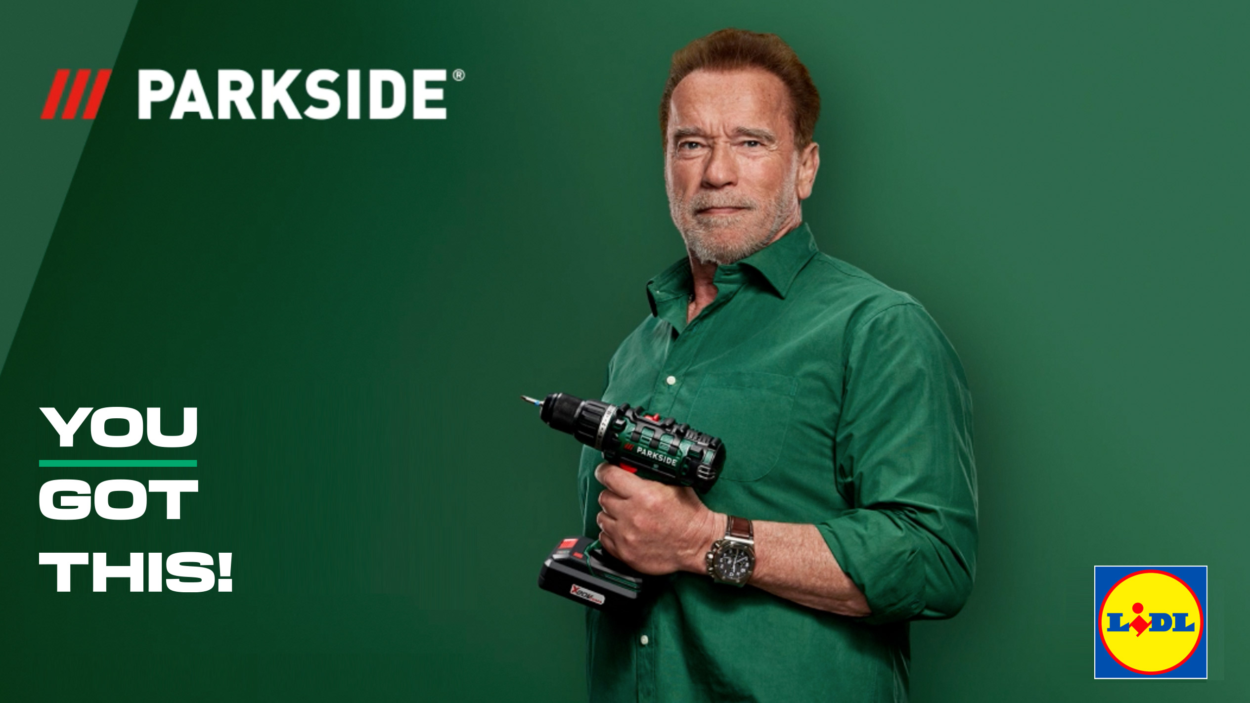 Arnold Schwarzenegger promotes Lidl's Parkside power tools.