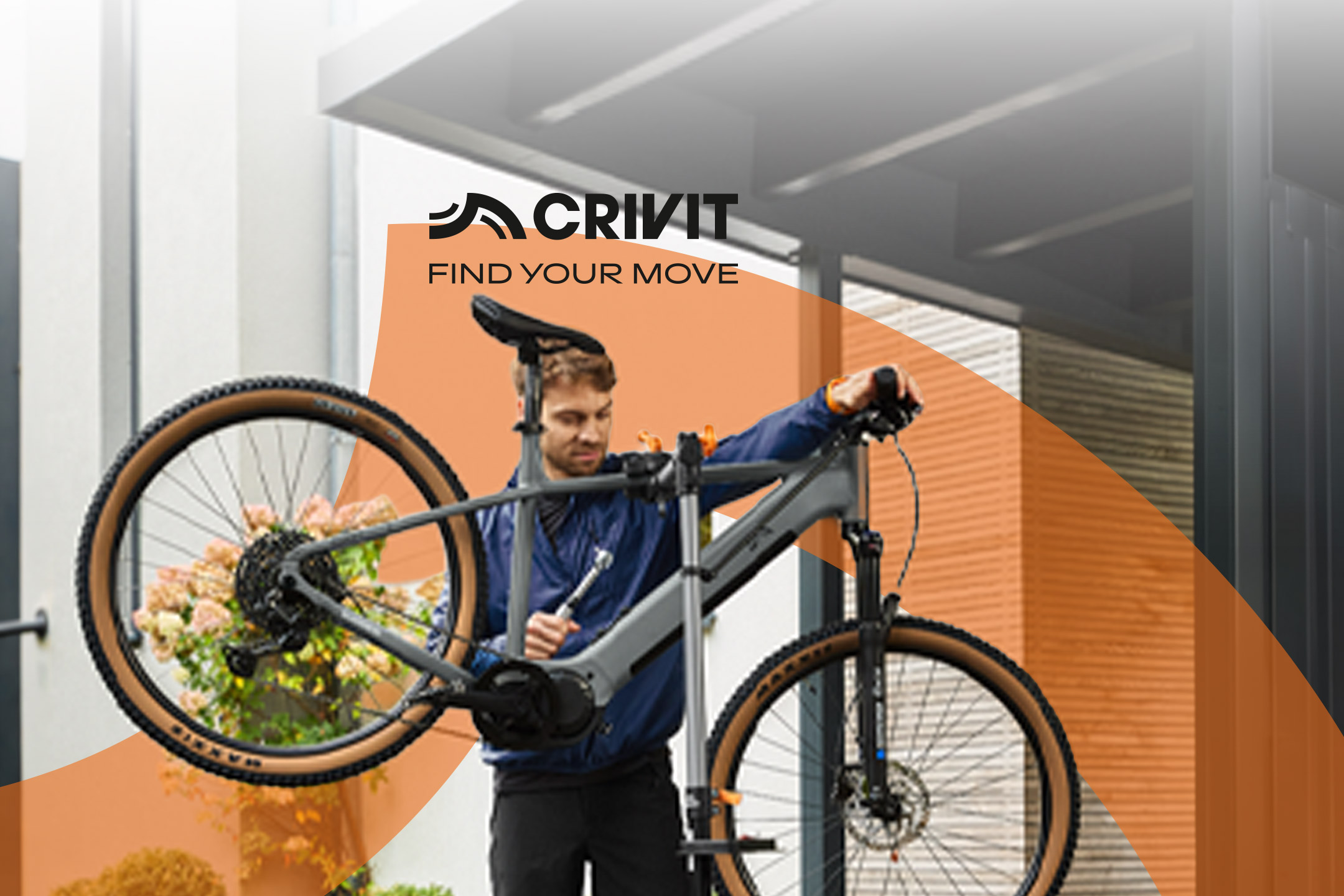 Man repairing an e-bike on a stand, with text 'FIND YOUR MOVE'.