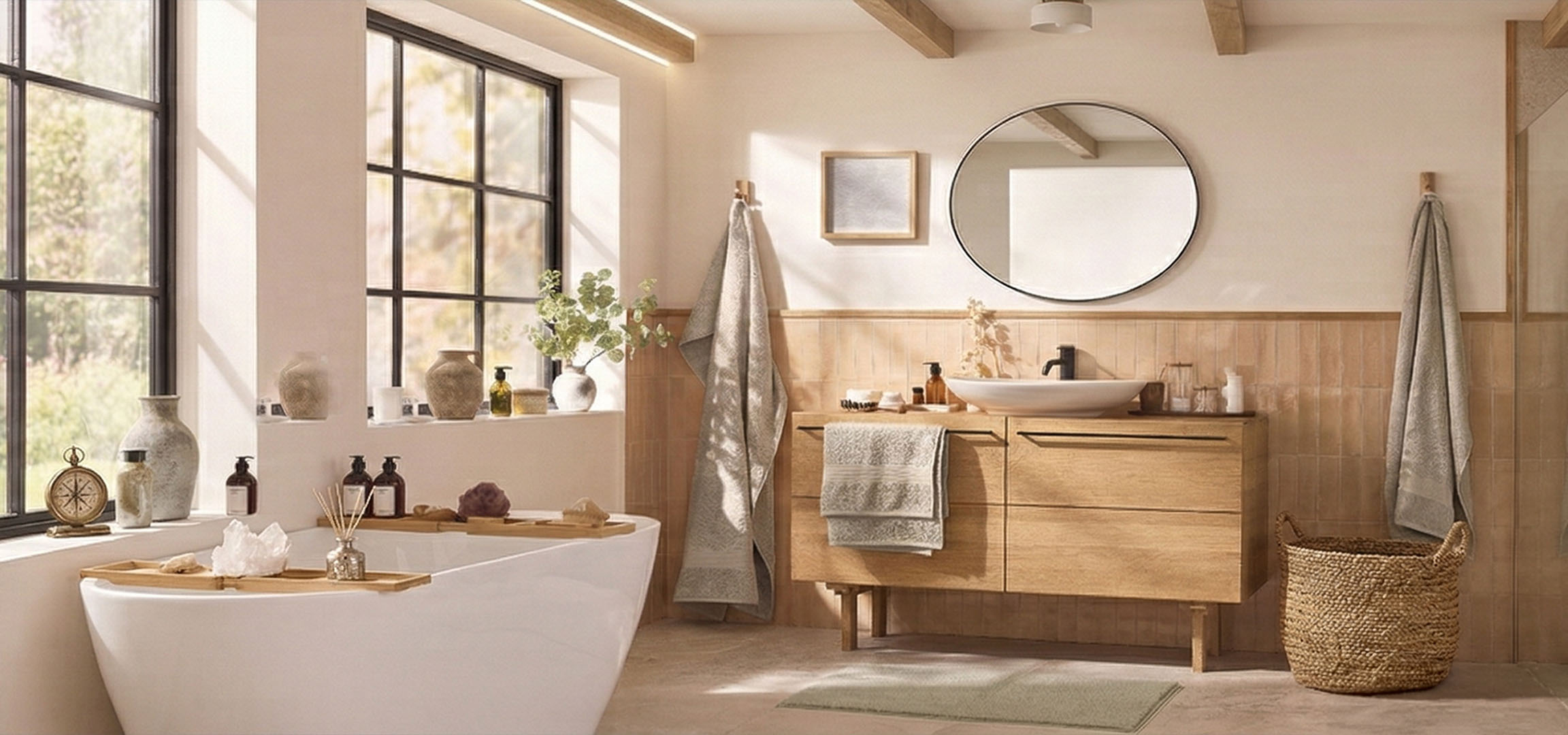 Bright bathroom with a bathtub, shower, wooden furniture, and natural decor.