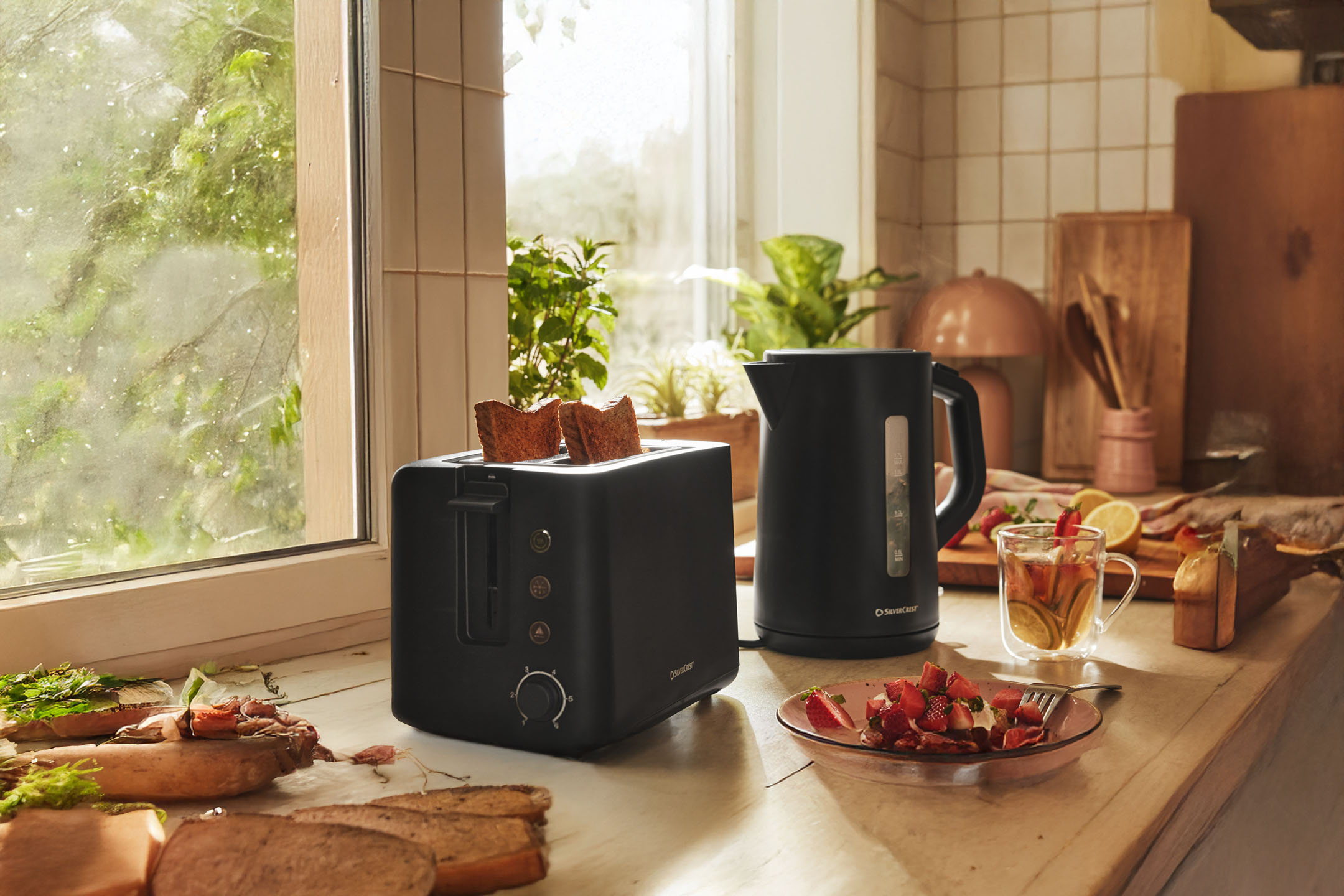 SilverCrest toaster and kettle in a kitchen.