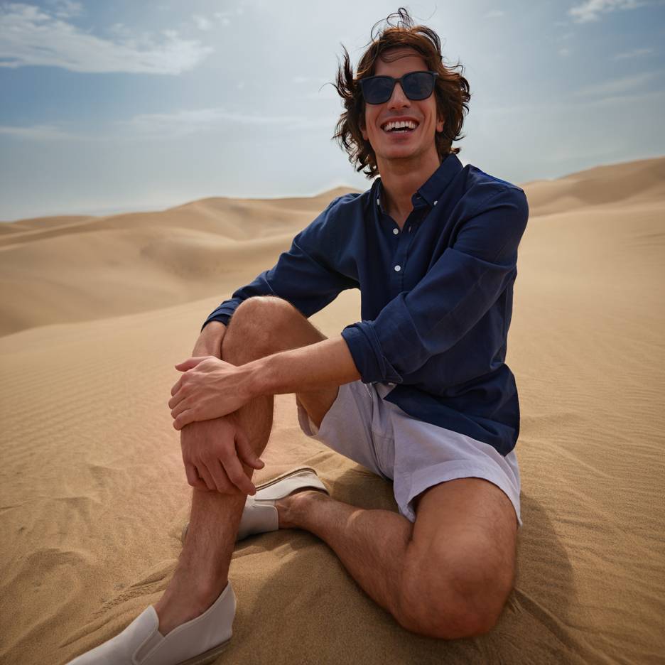 Smiling man in blue shirt and shorts, sitting on sand dunes.