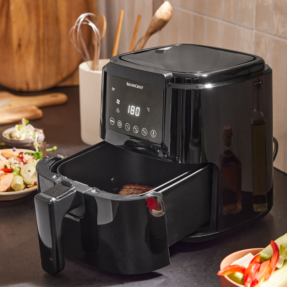 SilverCrest air fryer with digital display.